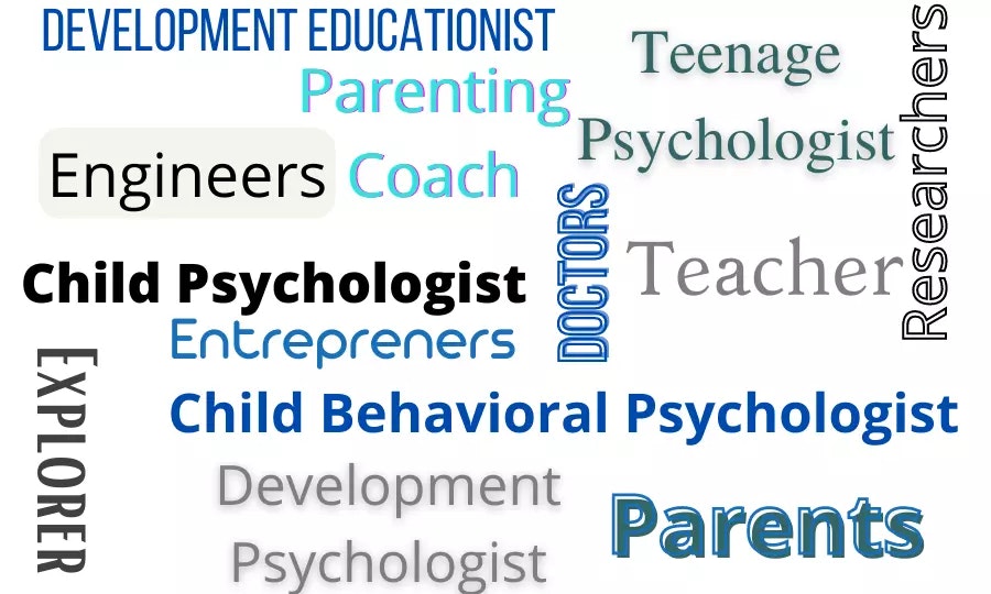 collage with written text Child psychologist, therapist, psychiatrist, speech therapist etc as image