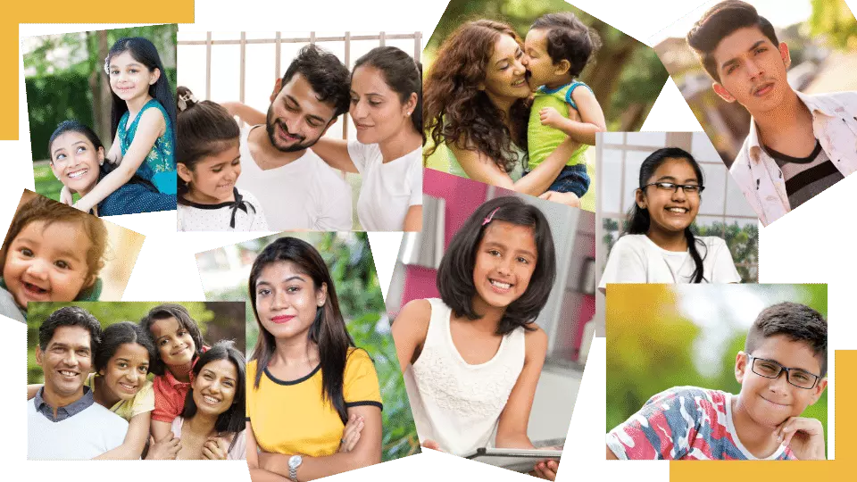collage of kids, teenagers and kids with parents